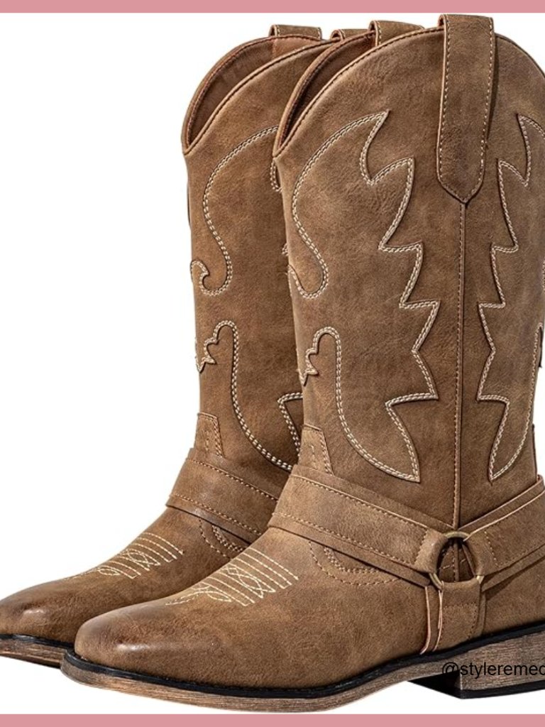 Faux Leather Wide Calf Cowboy Boots With Square Toe & Hidden Elastic